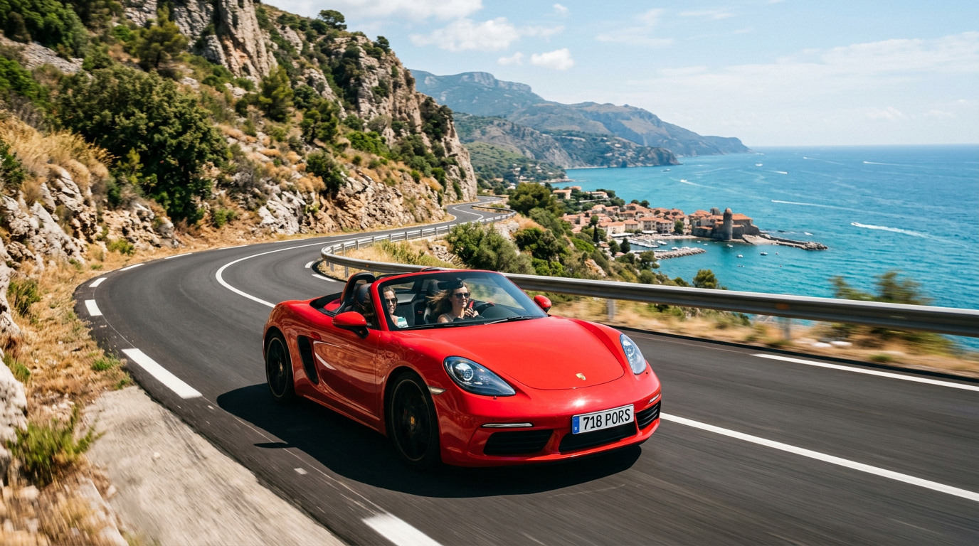 Red convertible Porsche driving on winding coastal road with sea and cliffs in background