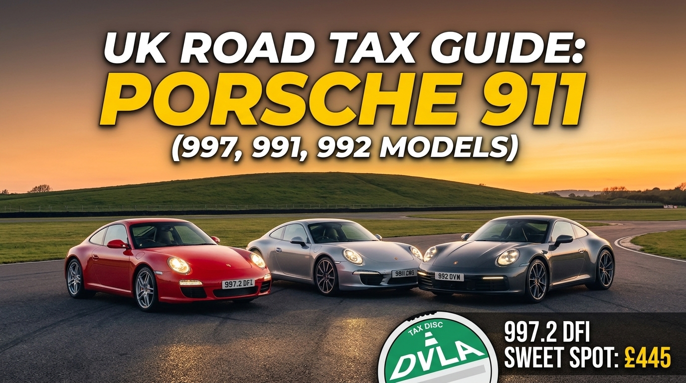 Infographic showing Porsche 911 UK Road Tax costs for 997, 991, and 992 models, ranging from £0 to £790 per year.